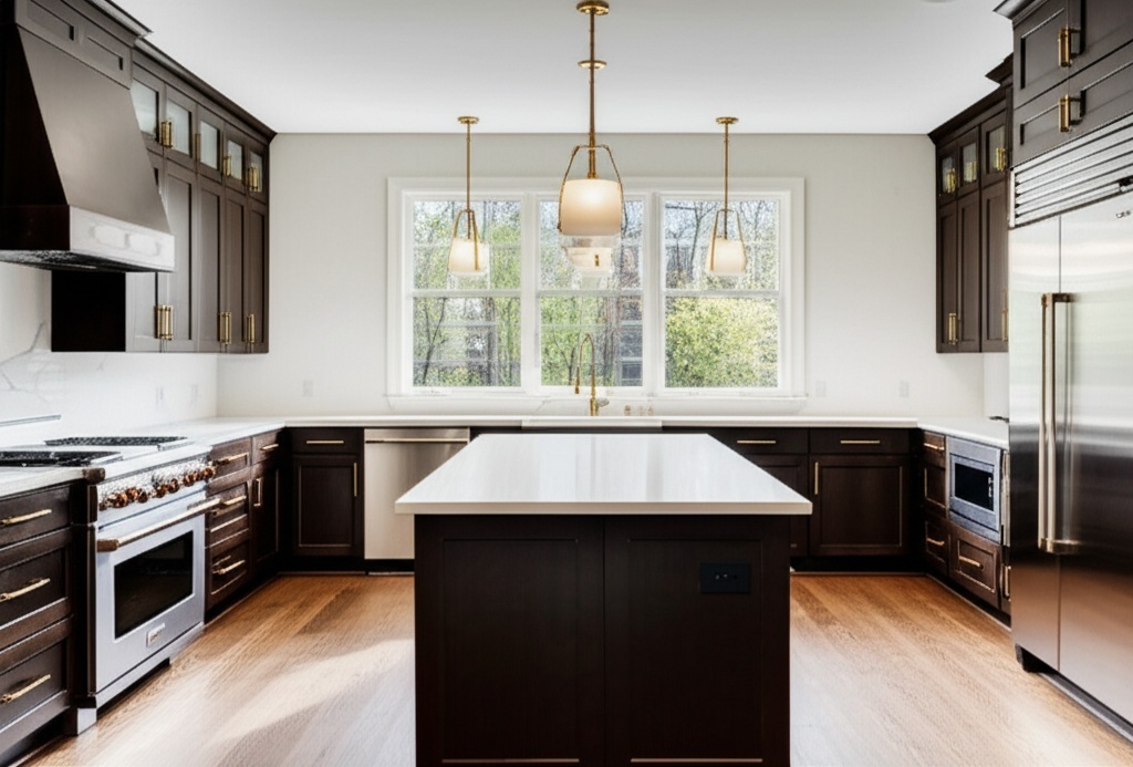 Luxurious modern kitchen remodel in Sugar Land with white quartz countertops and gold hardware