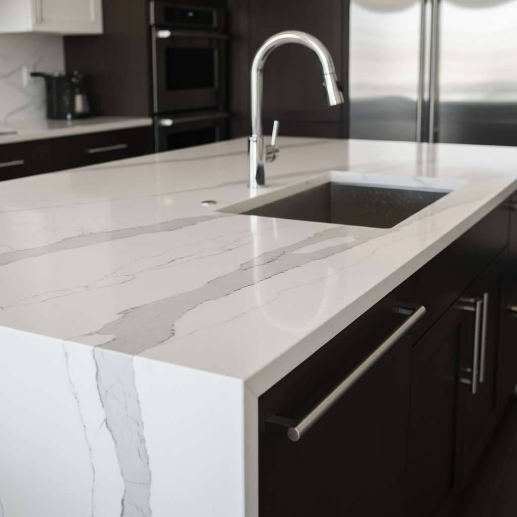 Quartz countertop with waterfall edge Sugarland